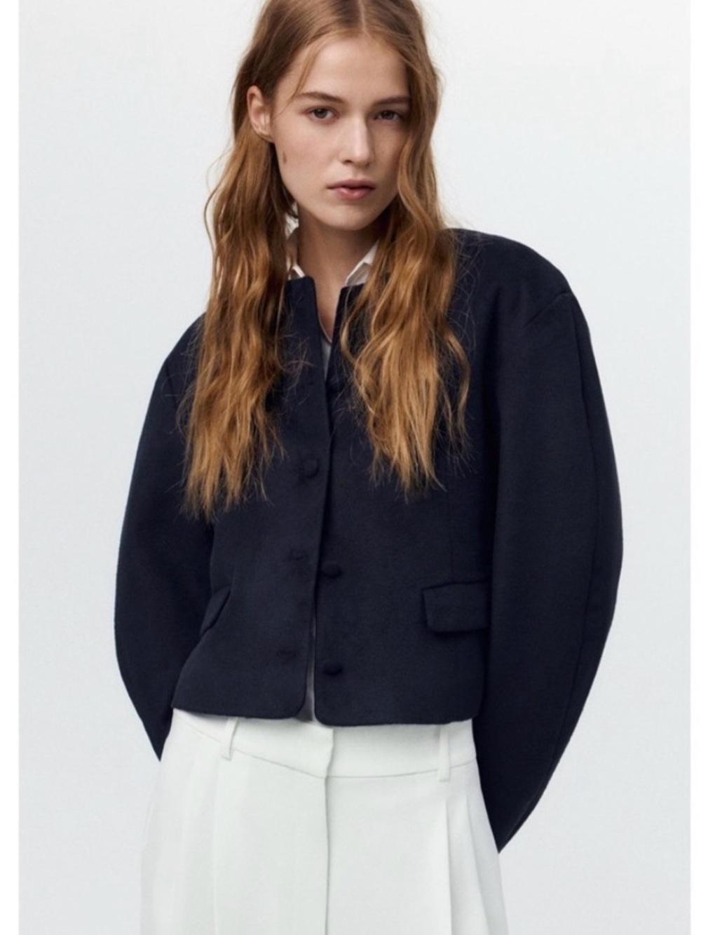 Zara Navy Blue Wool Blend Ballon Sleeve Jacket XS